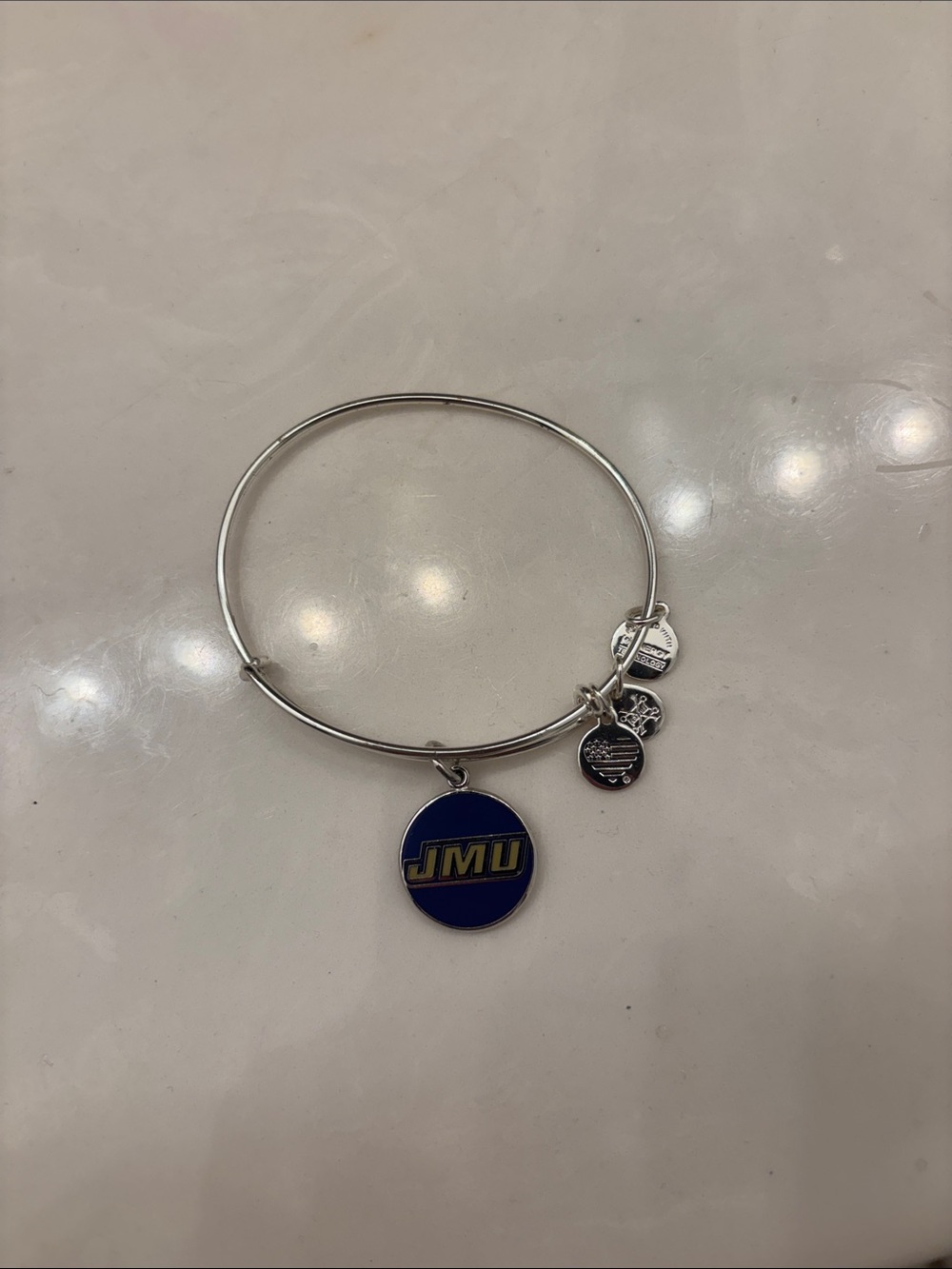 JMU Alex and Ani Silver Tone Bangle Bracelet with Black Logo Disc